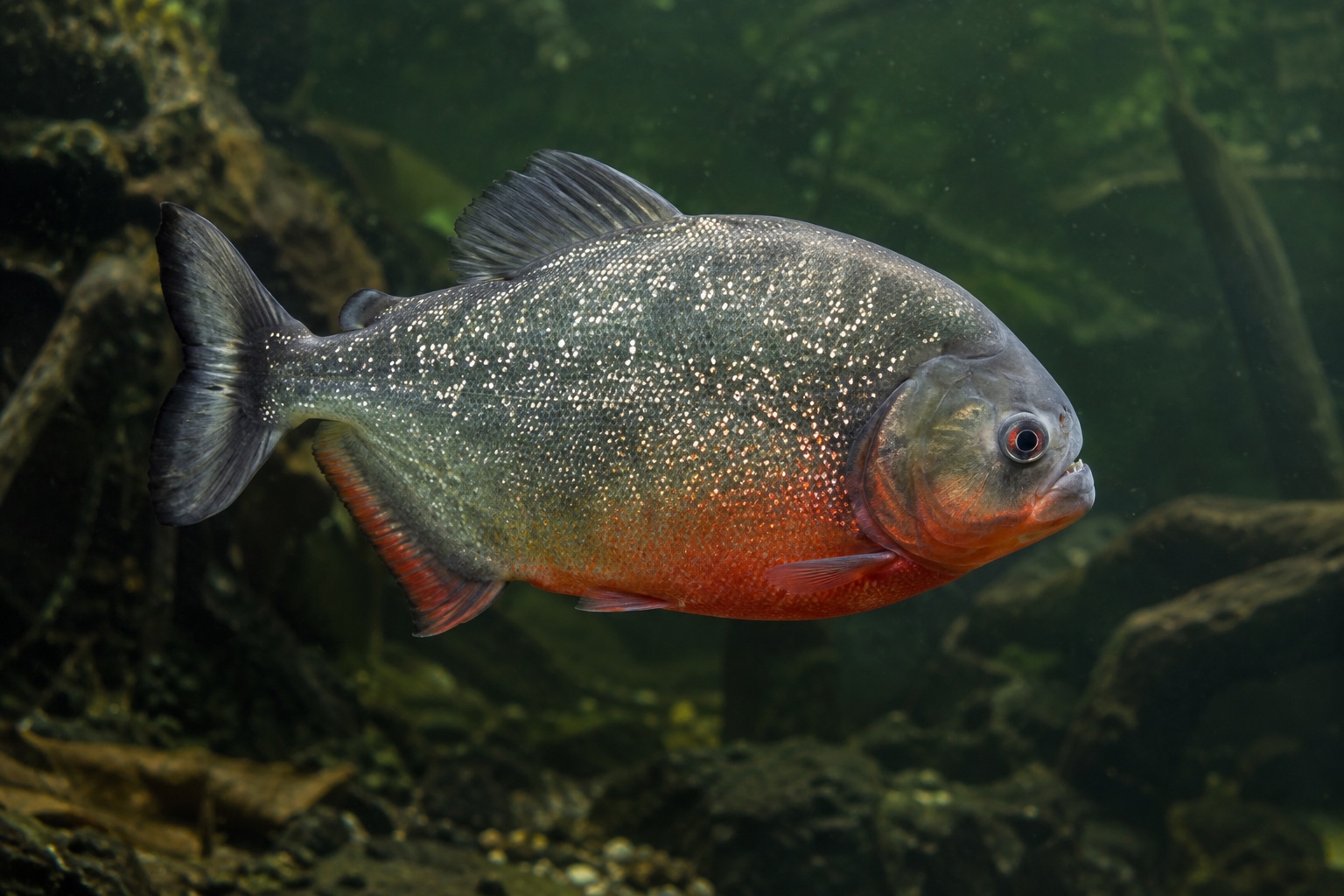 KI-Illustration eines silbrigen Rotbauchpiranhas im dunklen Wasser
