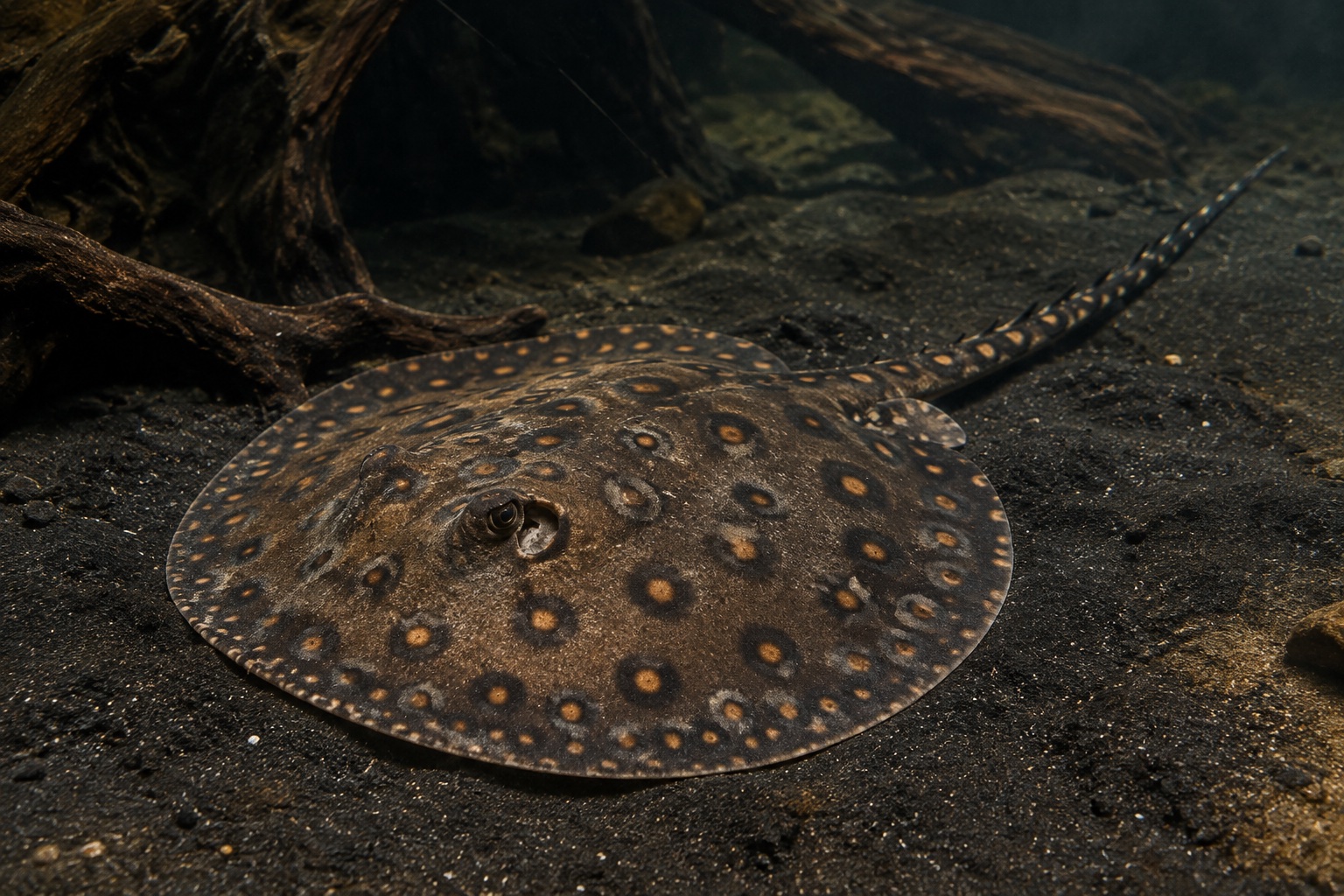 KI-Illustration eines gepunkteten Süßwasserstechrochens auf sandigem Grund